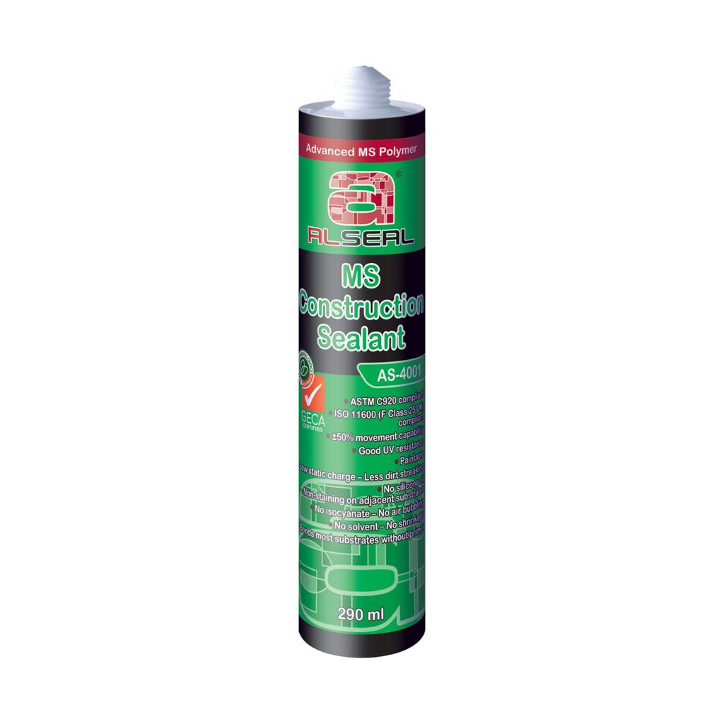 A close-up image of a container labeled "Advanced MS Polymer ALSEAL MS Construction Sealant AS-4001." The container outlines specifications such as ASTM C920, ISO 11600 (F Class 2℃), and mentions features like good UV resistance, low static charge, non-staining properties, and that it is free from isocyanates and solvents. The size of the container is 290 ml.