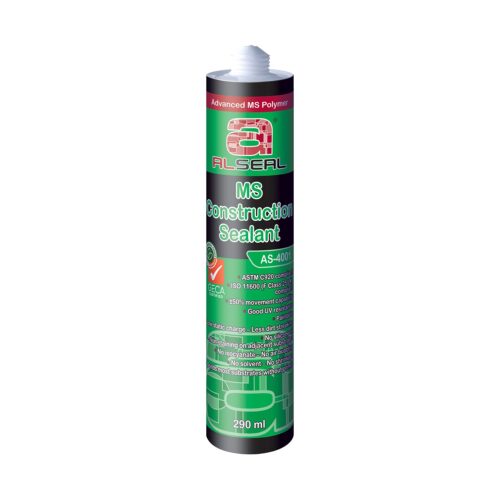 A close-up image of a container labeled "Advanced MS Polymer ALSEAL MS Construction Sealant AS-4001." The container outlines specifications such as ASTM C920, ISO 11600 (F Class 2℃), and mentions features like good UV resistance, low static charge, non-staining properties, and that it is free from isocyanates and solvents. The size of the container is 290 ml.