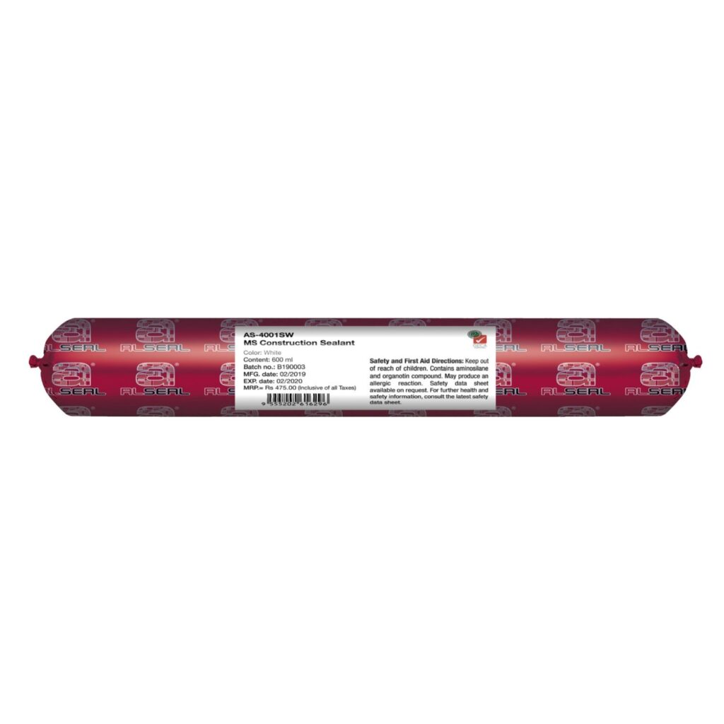 A close-up view of a label featuring the text "AS-4001SW MS Construction Sealant ALSEAL". The font is clearly visible with distinct lettering.