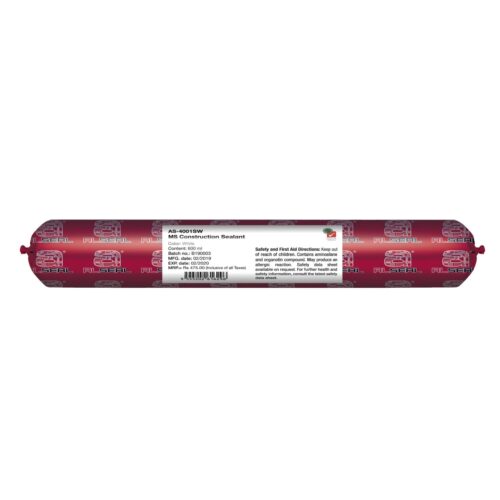 A close-up view of a label featuring the text "AS-4001SW MS Construction Sealant ALSEAL". The font is clearly visible with distinct lettering.