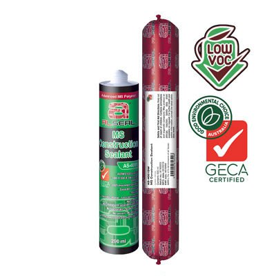 A group of tubes with labels, including information about ALSEAL LOW VOC Advanced MŠ Polymer and various certifications related to construction sealants.