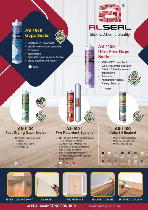 A poster featuring various products from Alseal, including the AS-1000 Gaps Sealer, AS-1120 Paintable Economical Ultra Flex Gaps Sealer, and AS-1130 Fast Drying Gaps Sealer. The design includes details about the sealants' compliance with ASTM C920 standards, movement capabilities, and ease of cleanup. The poster showcases application areas such as exterior and interior sealant applications and features a website link for Alseal.