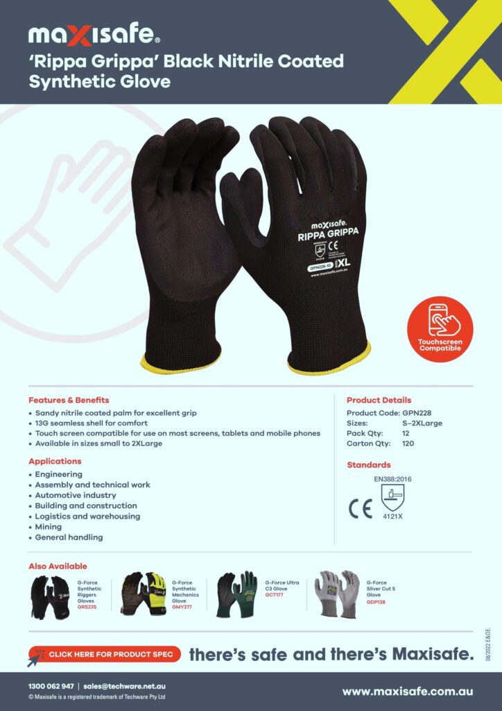A flyer for Maxisafe featuring the 'Rippa Grippa' black nitrile coated synthetic glove, including product details, features, benefits, applications, and standards. The gloves are displayed with hands in a gripping position.
