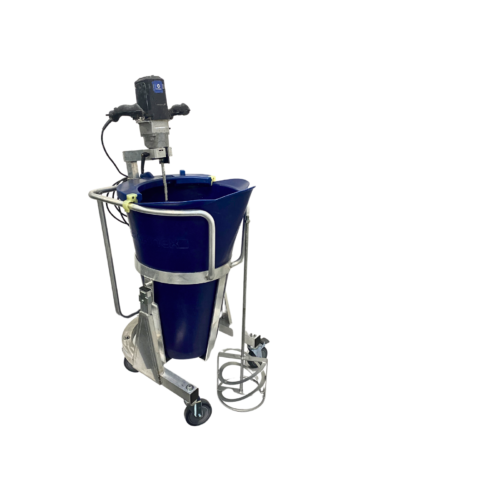 A blue mixing machine with a large bowl, mounted on a wheeled metal frame. The machine has an attached motor and a handle for mobility.