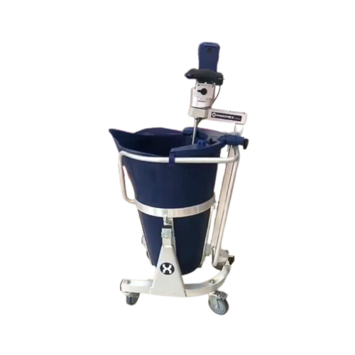 A blue bucket on a wheeled stand with a handle and an electric mixer.