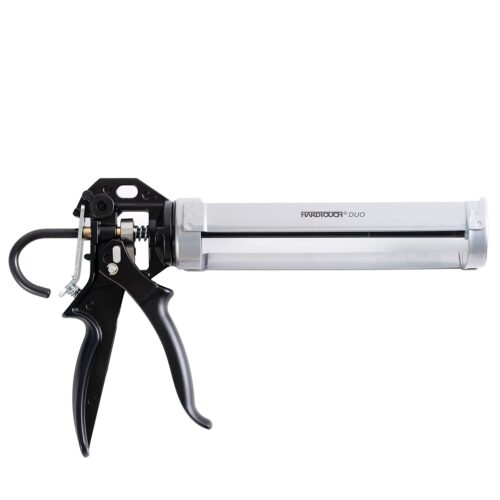 A silver and black caulking gun labelled HARDTOUCH DUO.