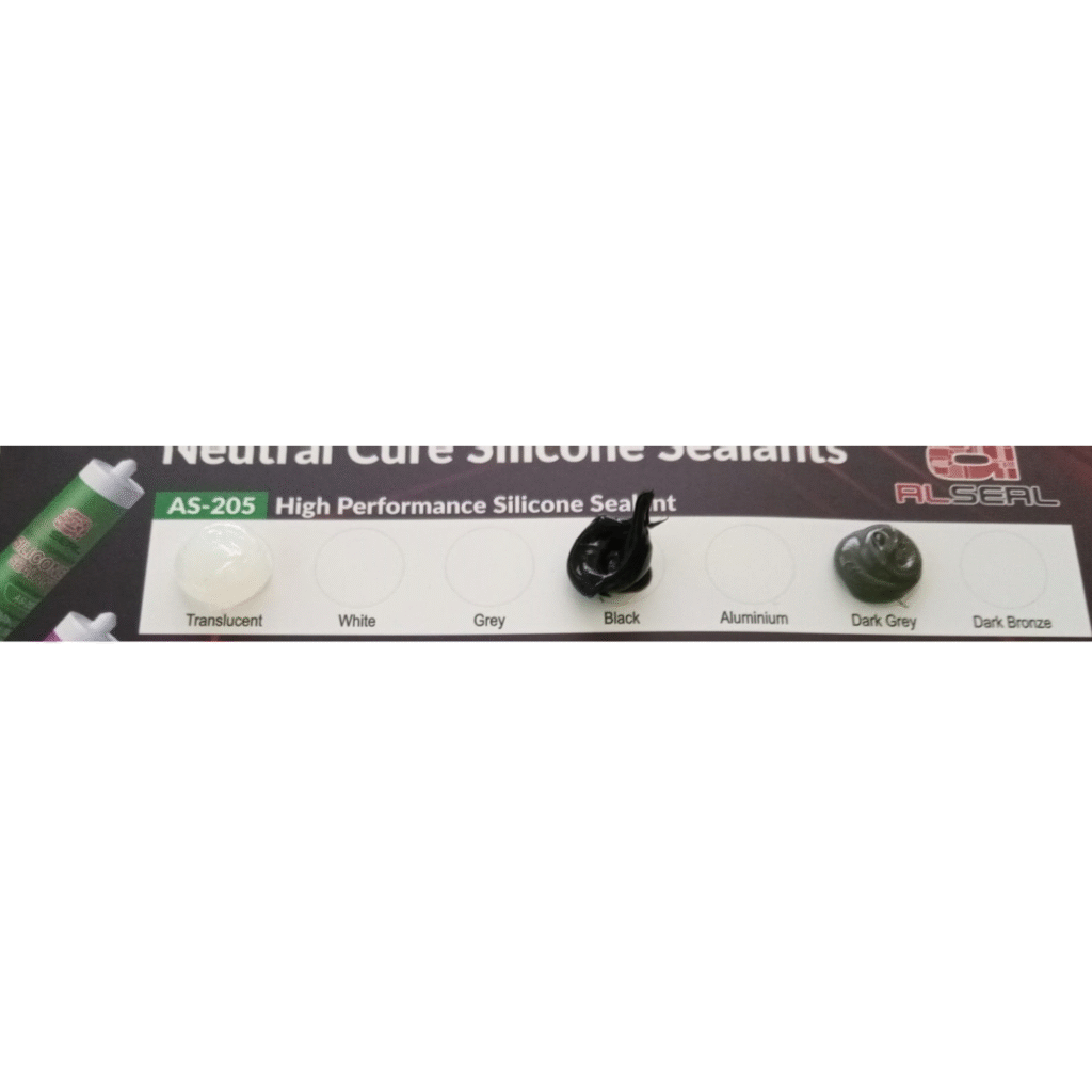 Close-up of various Neutral Cure Silicone Sealants, including AS-205 High Performance Silicone Sealant in translucent white, black, and dark grey aluminium packaging. The labels contain colour option of the product.