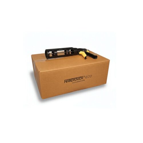 A cardboard box with a caulking gun on top, labelled "HARDTOUCH ® ECO CAULKING GUN."